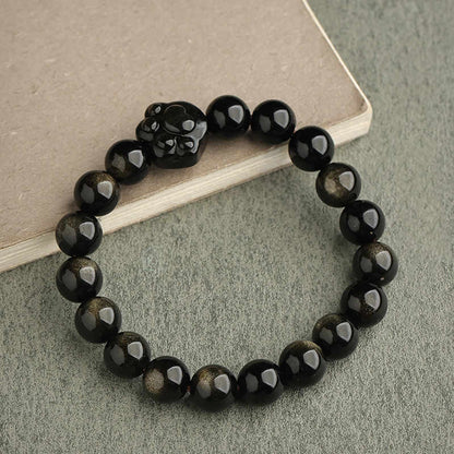 Buddhist Blessing Gold Sheen Obsidian Silver Sheen Obsidian Lovely Paw Lucky Cat Protection Bracelet