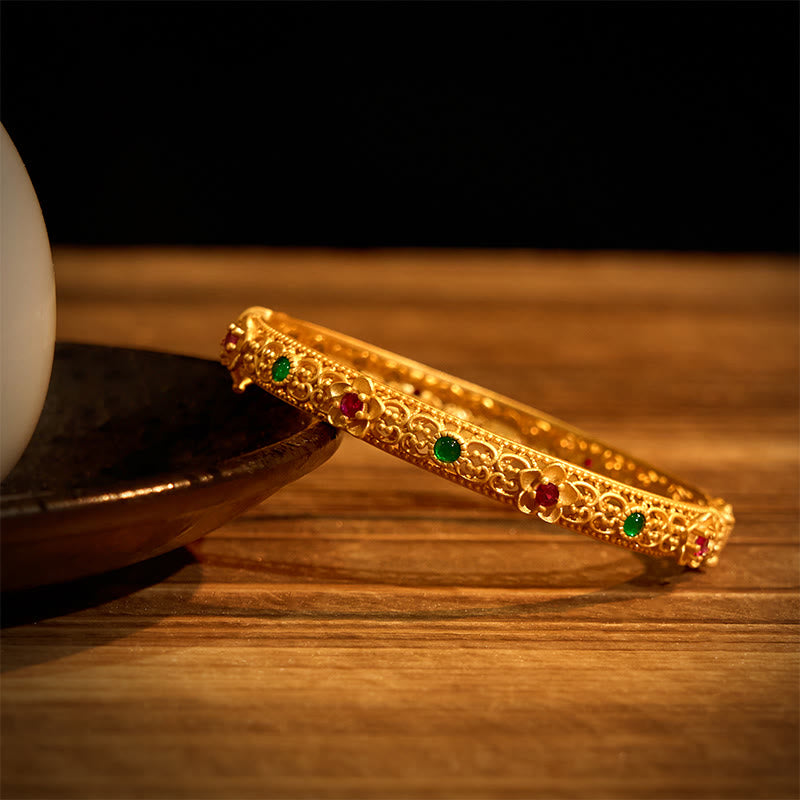 Buddhist Blessing Hollow Design Copper Plated Gold Flower Luck Bracelet Bangle
