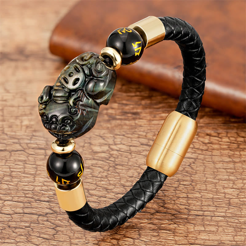 Buddhist Blessing Tiger Eye Black Onyx Red Agate PiXiu Copper Coin Om Mani Padme Hum Strength Leather Bracelet