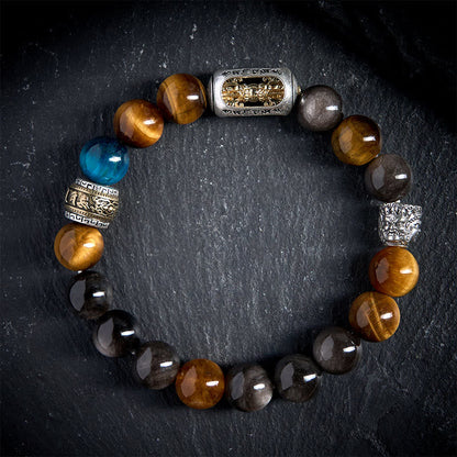 Buddhist Blessing Silver Sheen Obsidian Tiger Eye Om Mani Padme Hum Three-Faced Buddha Positive Bracelet