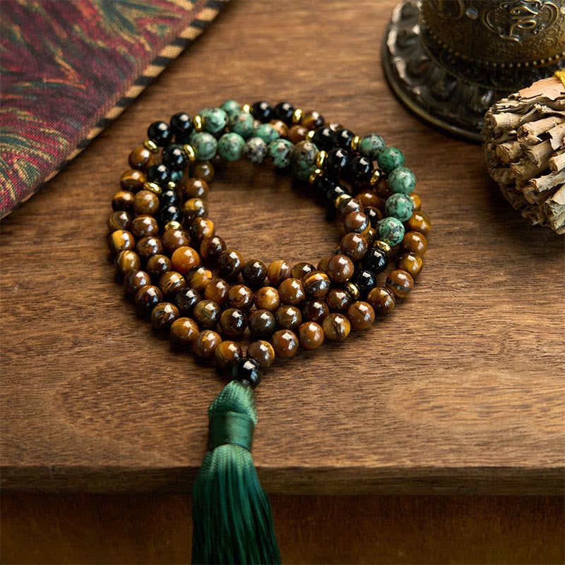 Buddhist Blessing 108 Mala Natural Stone Tiger Eye Turquoise Beads Tassel Protection Bracelet