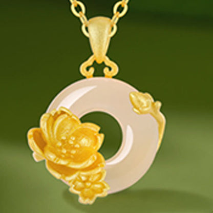 Buddhist Blessing Chalcedony 925 Sterling Silver Peace Buckle Flowers Necklace Pendant