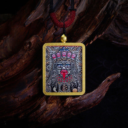 Buddhist Blessing Tibetan Zakiram Nine Tailed Fox Yellow God of Wealth Painted Thangka Hope Necklace Pendant