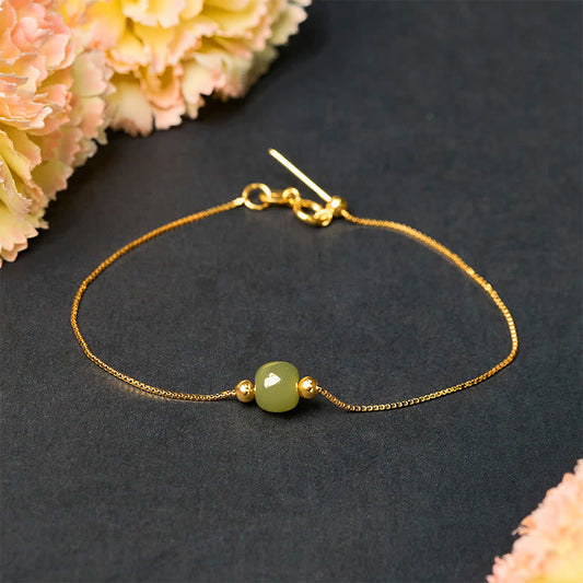 Buddhist Blessing 925 Sterling Silver Natural Jade Bead Abundance Chain Bracelet