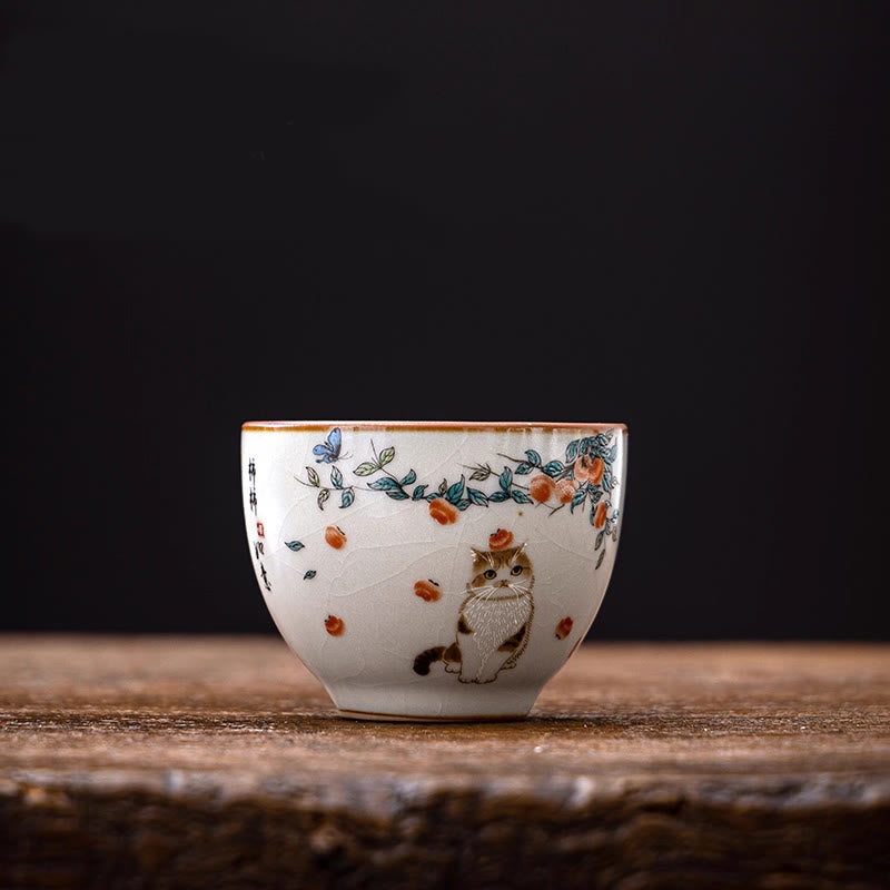 Buddhist Blessing Cute Cat Butterfly Teacup Kung Fu Tea Cup