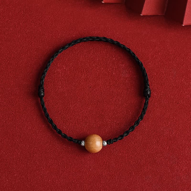 Buddhist Blessing Natural Peach Wood Bead Luck Braided Bracelet Anklet