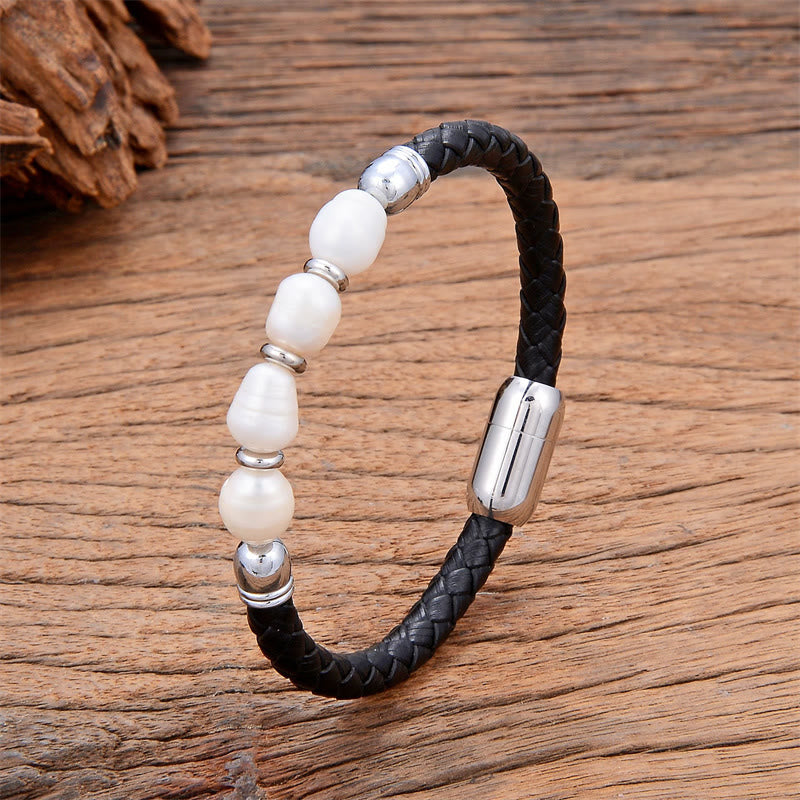 Buddhist Blessing Handmade Irregular Shaped Pearls Healing Leather Titanium Steel Buckle Bracelet