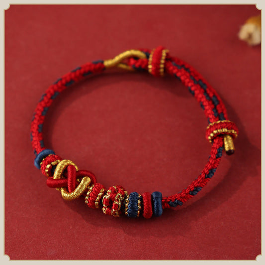 Buddhist Blessing Handcrafted Peach Blossom Peace Knot Colorful Rope Adjustable Bracelet