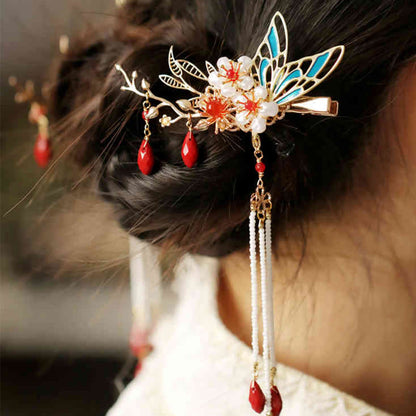 Buddhist Blessing Classical Chinese Style Flower Branche Butterfly Pearl Tassel Hair Clip Hair Comb Hair Crown
