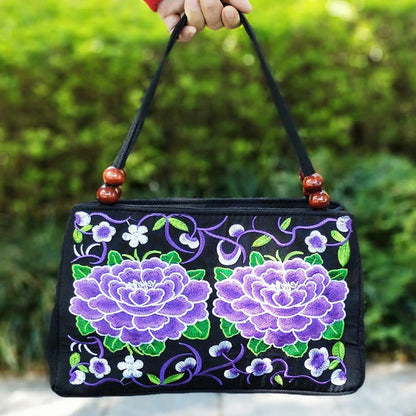 Buddhist Blessing Galsang Inula Flower Peony Peacock Double-Sided Embroidery Canvas Shopping Purse Handbag