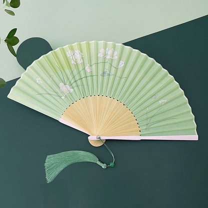 Buddhist Blessing Orchid Begonia Flower Handheld Cotton Linen Fabric Bamboo Folding Fan