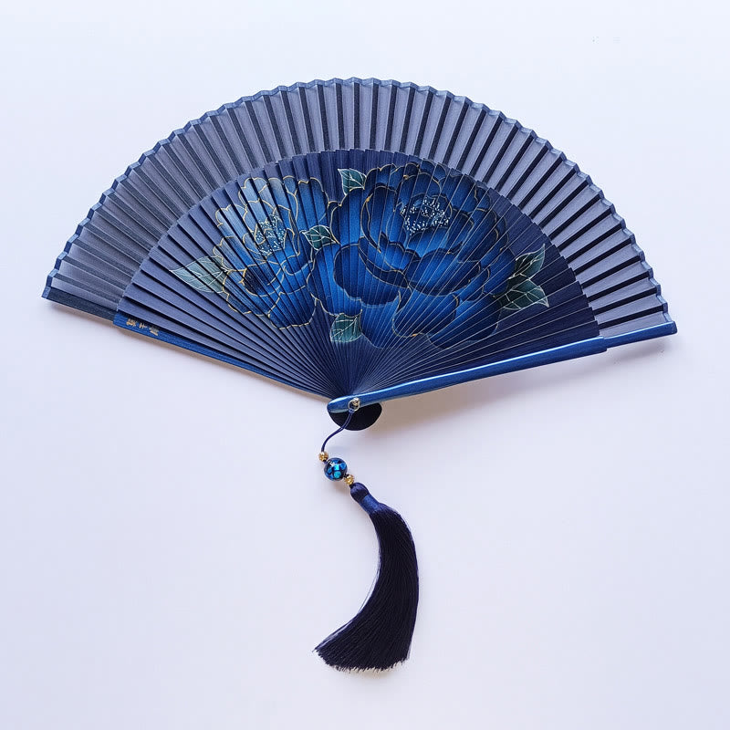 Buddhist Blessing Peony Flowers Silk Handheld Bamboo Folding Fan