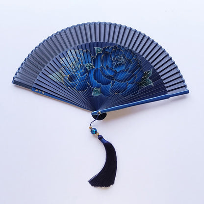 Buddhist Blessing Peony Flowers Silk Handheld Bamboo Folding Fan