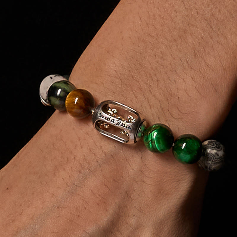 Buddhist Blessing Natural Grey Jasper Kambamba Jasper Tiger Eye Om Mani Padme Hum Protection Bracelet