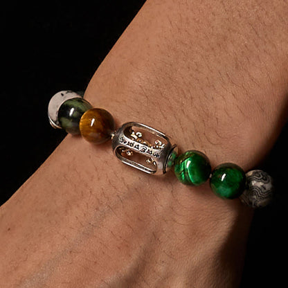 Buddhist Blessing Natural Grey Jasper Kambamba Jasper Tiger Eye Om Mani Padme Hum Protection Bracelet