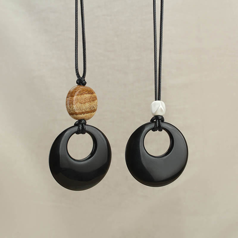 Buddhist Blessing Black Obsidian Liuli Picture Stone Copper Fulfilment Necklace Pendant