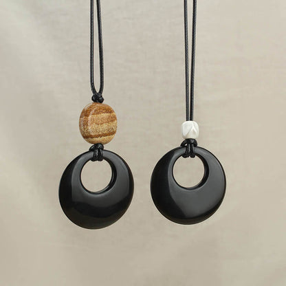 Buddhist Blessing Black Obsidian Liuli Picture Stone Copper Fulfilment Necklace Pendant