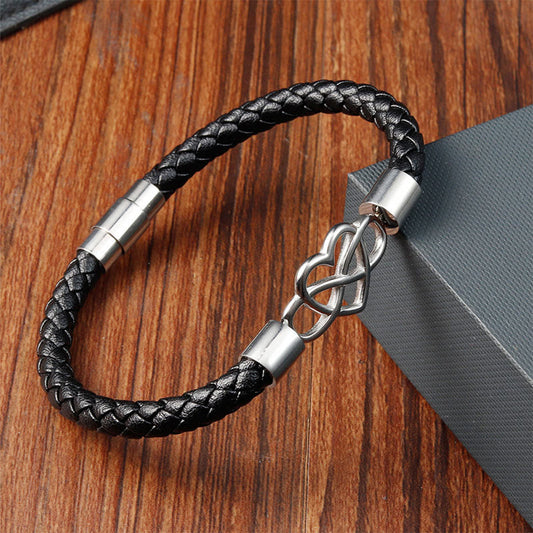 Buddhist Blessing Endless Knot Heart Leather Titanium Steel Strength Buckle Bracelet
