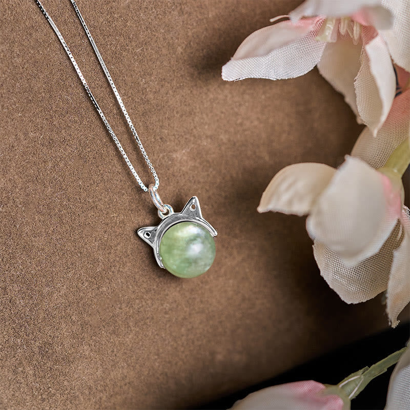 Buddhist Blessing 925 Sterling Silver Natural Green Lepidolite Cat Protection Necklace Pendant