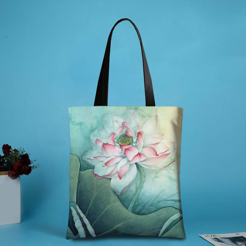 Buddhist Blessing Large Capacity Handmade Canvas Ink Lotus Dragonfly Shoulder Bag Shopping Bag
