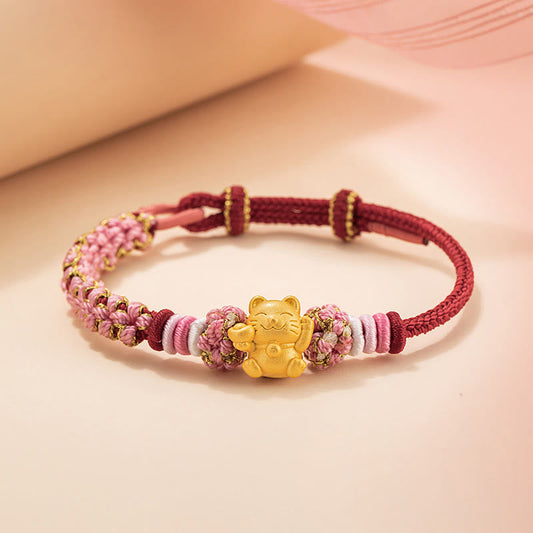 Buddhist Blessing Handmade 999 Sterling Silver Fortune Cat Ingot Peach Blossom Luck Red Rope Bracelet