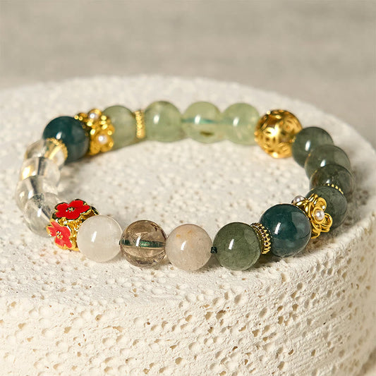 Buddhist Blessing Natural Green Phantom White Crystal Jade Beads Lucky Bracelet