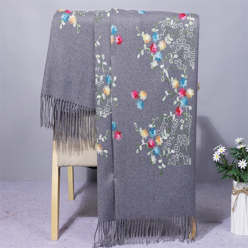 Buddhist Blessing Rayon Fabric Shawl Colorful Small Flowers Embroidery Tassel Winter Cozy Travel Scarf Wrap