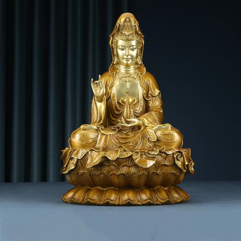 Buddhist Blessing Kwan Yin Avalokitesvara Lotus Sitting Harmony Brass Copper Statue Home Altar Decoration