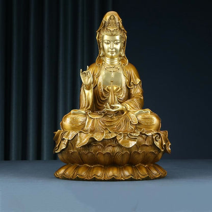 Buddhist Blessing Kwan Yin Avalokitesvara Lotus Sitting Harmony Brass Copper Statue Home Altar Decoration