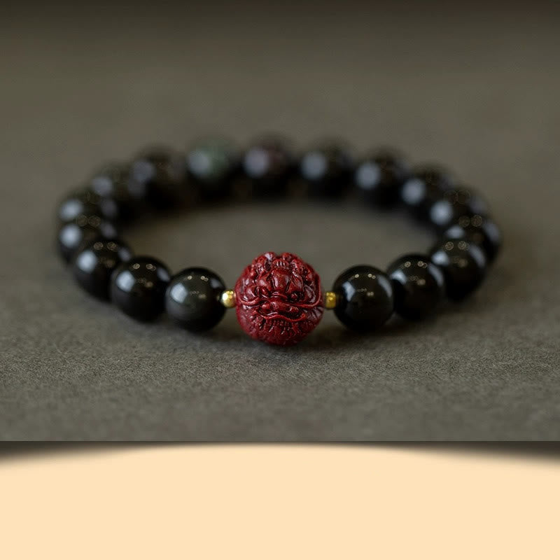 Buddhist Blessing Chinese Zodiac Natural Black Obsidian Cinnabar Purification Bracelet