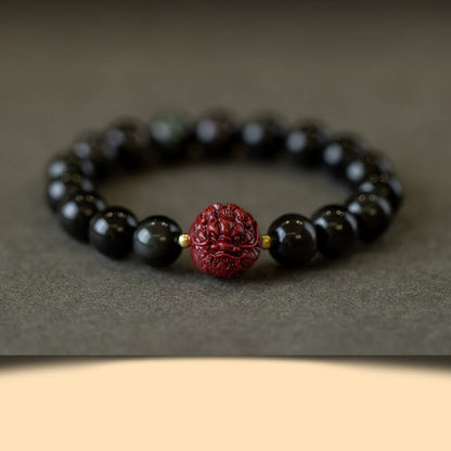 Buddhist Blessing Chinese Zodiac Natural Black Obsidian Cinnabar Purification Bracelet