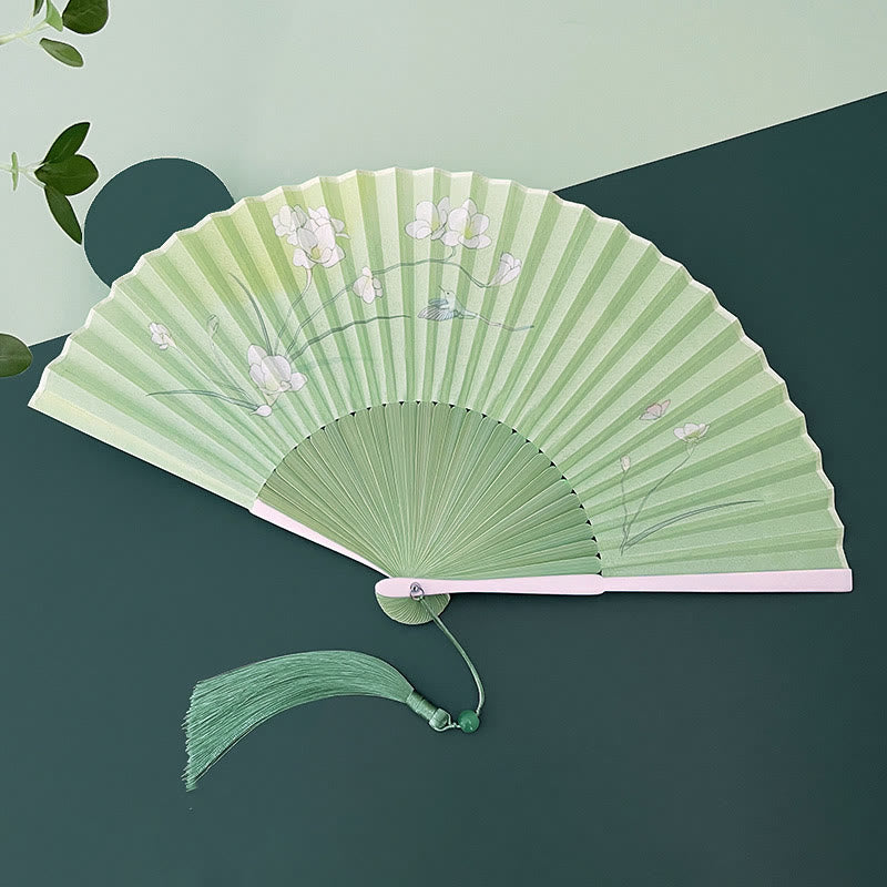 Buddhist Blessing Orchid Begonia Flower Handheld Cotton Linen Fabric Bamboo Folding Fan