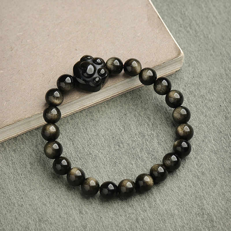 Buddhist Blessing Gold Sheen Obsidian Silver Sheen Obsidian Lovely Paw Lucky Cat Protection Bracelet