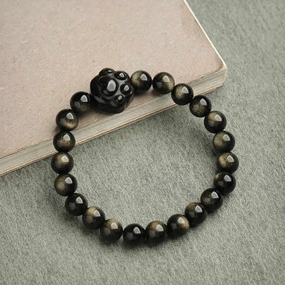 Buddhist Blessing Gold Sheen Obsidian Silver Sheen Obsidian Lovely Paw Lucky Cat Protection Bracelet