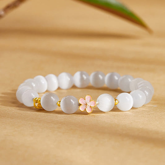 Buddhist Blessing 925 Sterling Silver Peach Blossom Lucky Bag White Cat's Eye Luck Bracelet