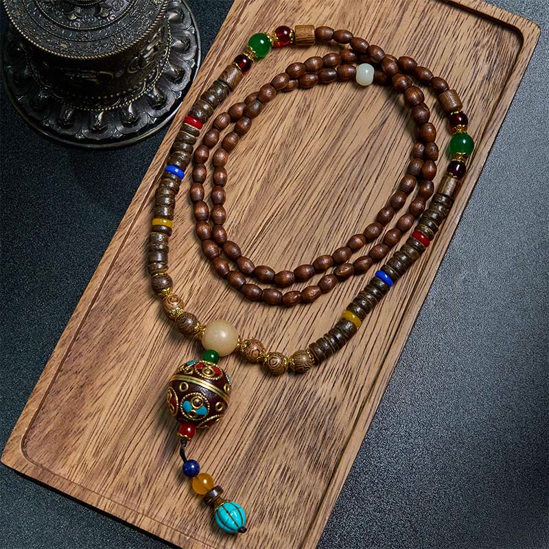 Buddhist Blessing Tibetan Handmade Coconut Shell Schima Wood Great Bright Mantra Copper Bead Balance Necklace Pendant