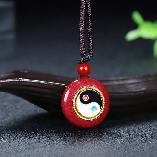 Buddhist Blessing Natural Cinnabar Yin Yang Design Braided String Blessing Necklace Pendant