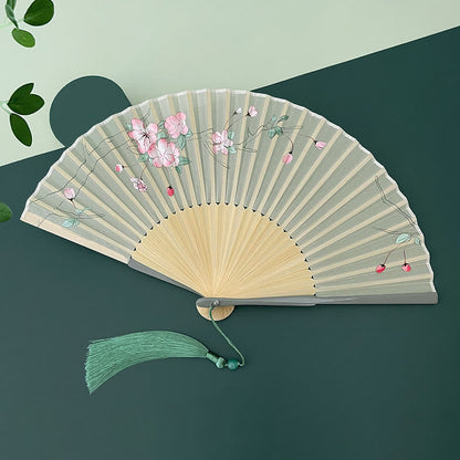Buddhist Blessing Orchid Begonia Flower Handheld Cotton Linen Fabric Bamboo Folding Fan