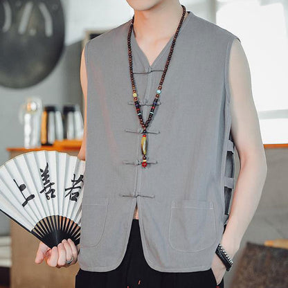 Buddhist Blessing Casual Chinese Frog-Button Men's Cotton Vest Waistcoat With Pockets