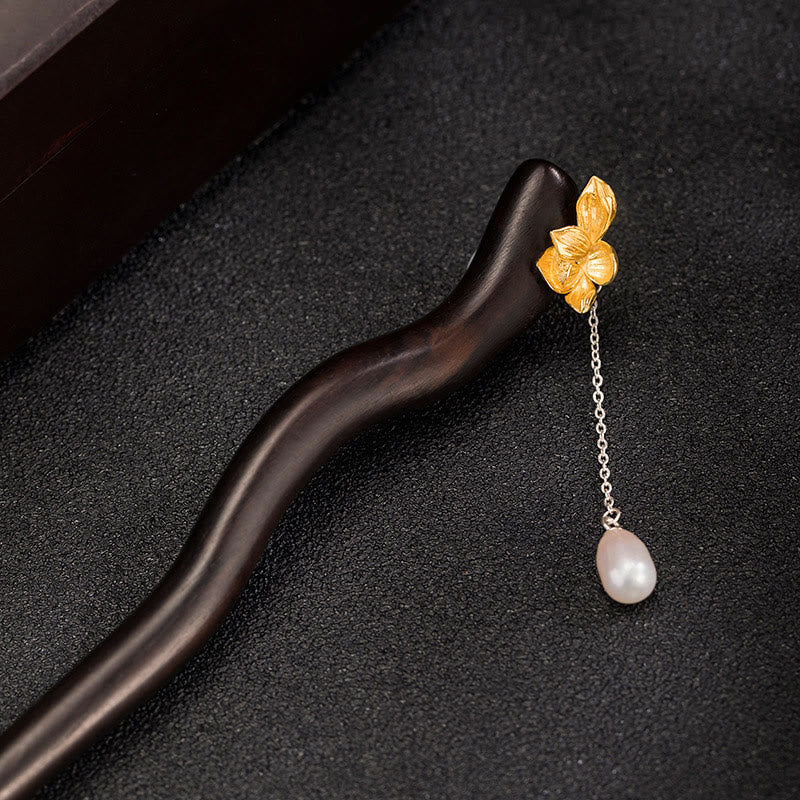 Buddhist Blessing 925 Sterling Silver Classical Chinese Style Ebony Lotus Flower Pearl Tassel Blessing Hairpin
