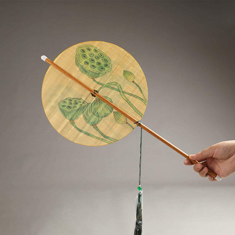 Buddhist Blessing Handmade Birds Flowers Persimmons Fruit Koi Fish Lotus Bamboo Long Handle Portable Curlable Fan