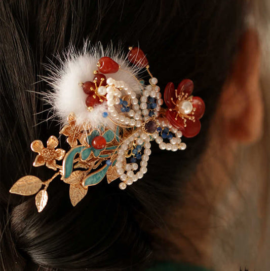 Buddhist Blessing Classical Chinese Style Red Flower Butterfly Pearl Hair Clip