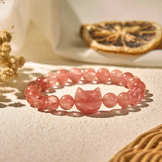 Buddhist Blessing Lovely Cat Head Red Agate Spiritual Beads Bracelet