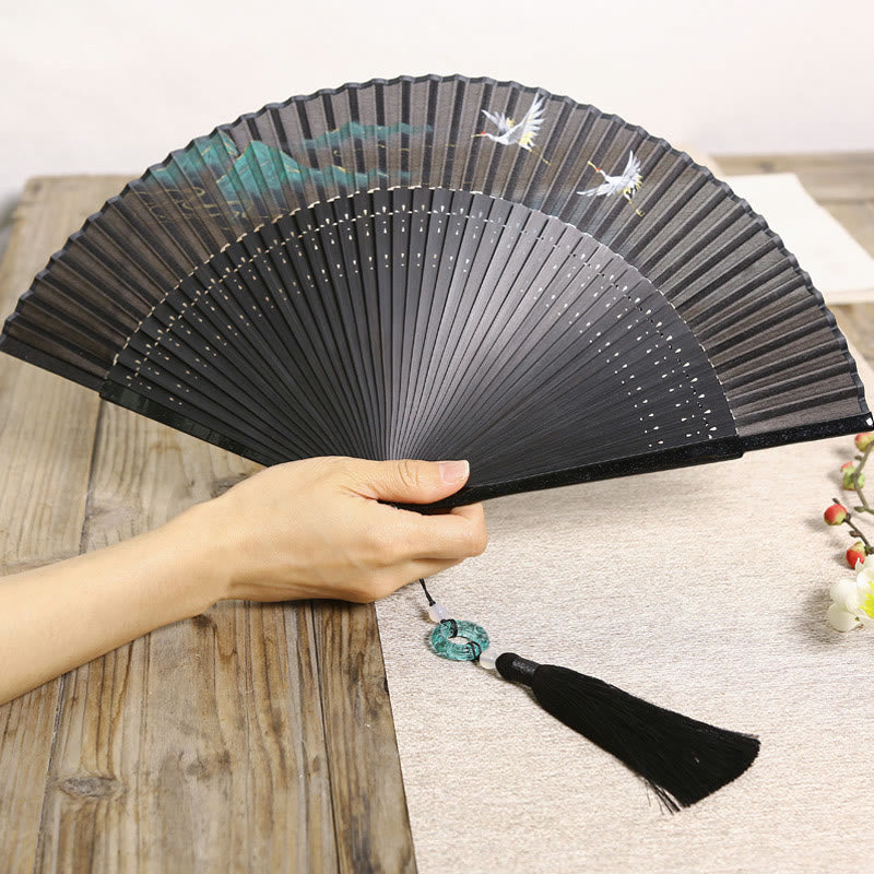 Buddhist Blessing Retro Mountain River Crane Silk Handheld Bamboo Folding Fan