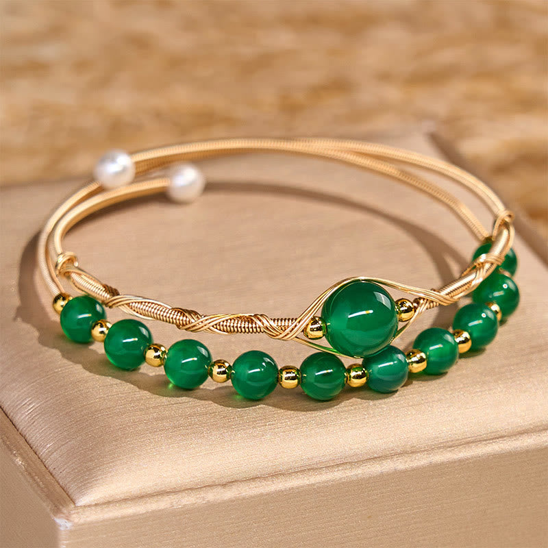 Buddhist Blessing 14K Gold Filled Copper Natural Green Agate Power Metal Cuff Bracelet Bangle