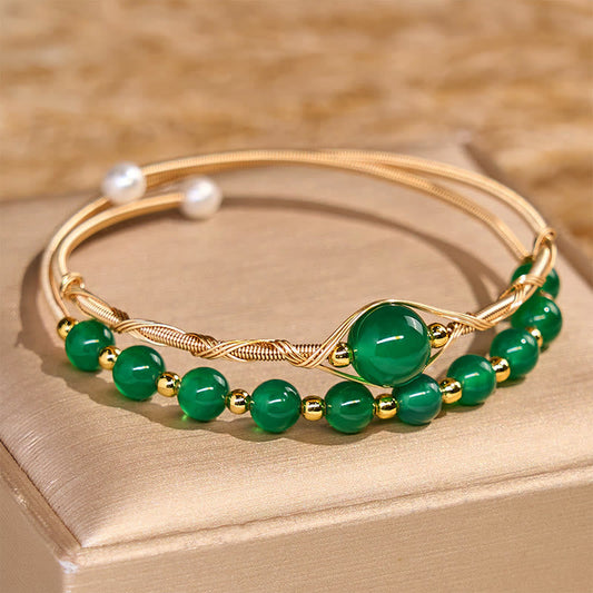 Buddhist Blessing 14K Gold Filled Copper Natural Green Agate Power Metal Cuff Bracelet Bangle