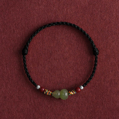 Buddhist Blessing Natural Hetian Jade Gourd Protection Luck Braided Bracelet Anklet