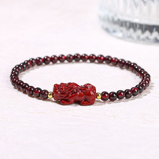 Buddhist Blessing Garnet Cinnabar PiXiu Strawberry Quartz Square Bead Protection Bracelet