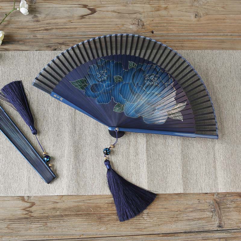 Buddhist Blessing Peony Flowers Silk Handheld Bamboo Folding Fan