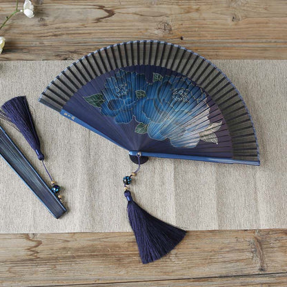 Buddhist Blessing Peony Flowers Silk Handheld Bamboo Folding Fan